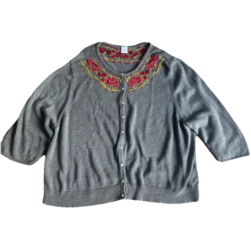 J. Jill Gray 3X Embroidered Rose Beaded Cardigan Sweater Gray 3/4 Sleeve Buttons